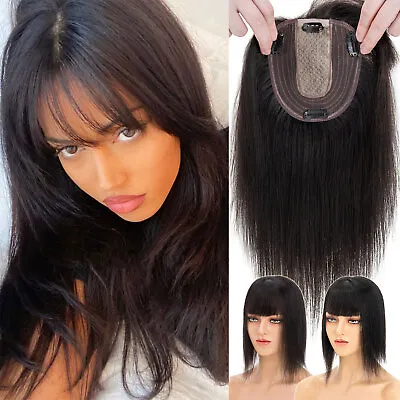 100% REMY Human Hair Topper Toupee Clip Hairpiece Silk Base Top Wig With Bangs A • £74.87