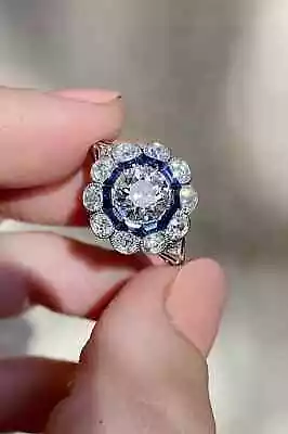 Vintage Art Deco Style Lab Created Diamond & Sapphire Engagement 925 Silver Ring • $81.20