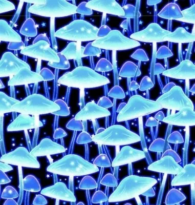 *Glow* Mushroom Mushrooms Fabric! Cotton 1 Yd BTY•Awesome!Blue/Blk•Fast Ship! • $12.99