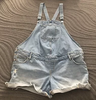 ISABEL MATERNITY Overalls Size 16 Medium Wash Blue Raw Hem Jean Shortall Bibs • $19.87