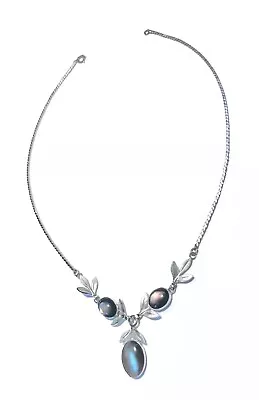 Van Dell Sterling Silver Brown Cats Eye Leaf Y Necklace Serpentine Vintage • $25