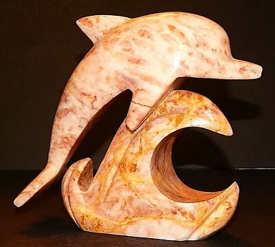 Pink Stone Dolphin Wave Sculpture Figurine Polished Marble Alabaster 6  • $39.99