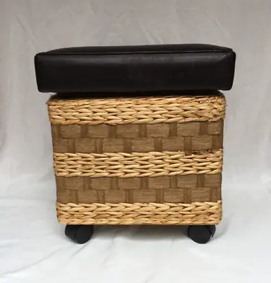 Vintage MCM Wicker / Wood / Faux Leather Top Rolling Cube Stool With Storage • $39.99