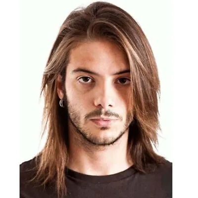 Adult Men Long Full Wigs Synthetic Male Brown Straight Hair Party Fancy Cosplay • £14.69