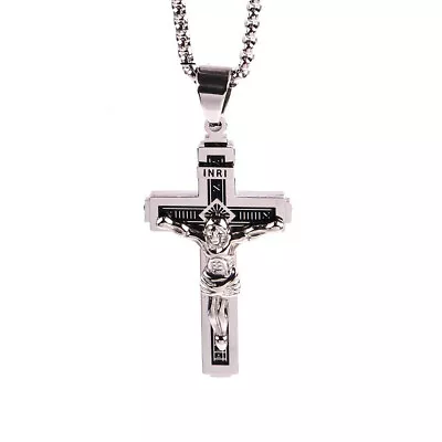 Mens Titanium Gold Cross Catholic Crucifix Pendant Necklace Three Color 24 Chain • $12.34