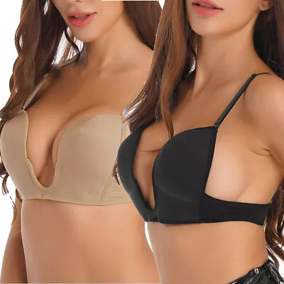 Women Deep U Plunge Push Up Padded Bra Spaghetti Strap Low Cut Seamless Lingerie • $10.22