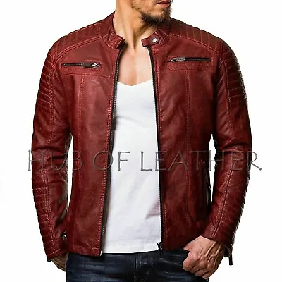 Mens Vintage Cafe Racer Black Genuine Leather Slim Fit Real Biker Jacket • $92.58