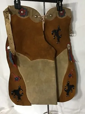 Vintage Suede Leather Children's Chaps With Cowboy Horse W/ Metal Ribbon & Belt • $44.50