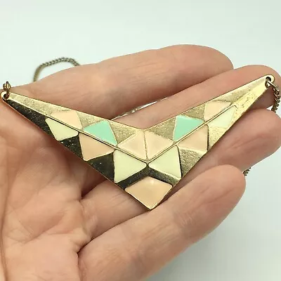 Geometric Pendant Necklace Gold Tone Chain V Shaped Pastel Triangles Party Retro • £12