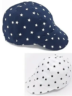 Baby Boy Summer Hat Cap White Navy Stars 100% Cotton Lined 0 3 6 M • £5.99