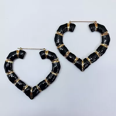 Gold & Black Color Bamboo Design Heart Love Shape Hoop Light Weight Earrings • $10.99