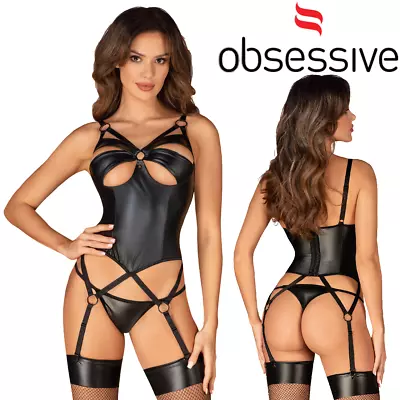 OBSESSIVE Black Wet Look Lingerie Corset With Garters Sexy Thong Panties For Her • $70