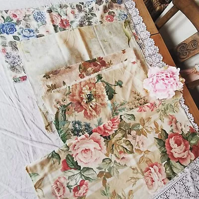 Vintage Remnant Curtain Reclaimed  Fabric Mixed. Sandersons Cabbage Roses  Pk 3 • £20