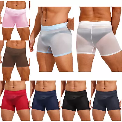 US Mens Glossy Swim Trunks See Through Boxer Shorts Low Rise Stretchy Underwear • $8.23