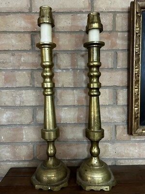 £98.27 • Buy Pair Vintage 19” Large Solid Brass Religious Alter Candlesticks With Toppers