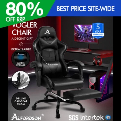 $159.95 • Buy ALFORDSON Gaming Chair Office Executive Racing Footrest Seat Leather All Black