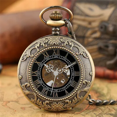 Exquisite Pocket Watch Hand Wind Mechanical Skeleton Pendant Chain Half Hunter • £15.55