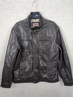 Levis Faux Leather Jacket Mens Large Brown Bomber Sherpa Fleece Lined Pockets L • $19.46