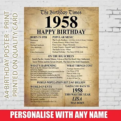 £4.69 • Buy 65th 1958 Birthday Present Gift Idea Poster Print Back In Edition Milestone -36