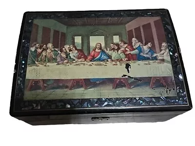 Vintage Black Lacquered Inlay Music Jewelry Box W/Last Supper  • $15