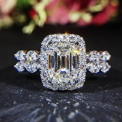 9X7MM Emerald Cut Moissanite Halo Engagement Ring 10K White Gold Ring For Women • $520.99