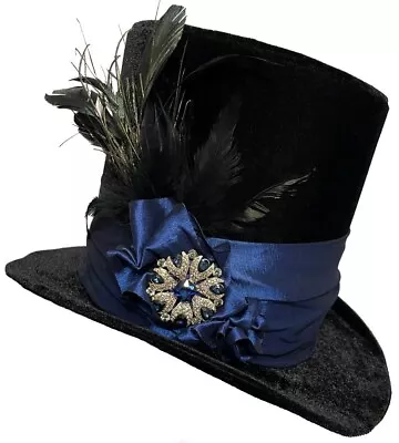 Velvet Top Hat Blue Black Royal Jeweled Steampunk Dandy Mad Hatter Wedding • $85