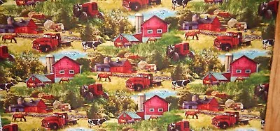 Farm Country Print Cotton Fabric Vtg Truck Red Barn Horse Cow Tractor Silo BTY • $8.95
