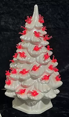 Vintage 11” White Pearl Iridescent Lighted Ceramic Christmas Tree Red Bird/doves • $74.99