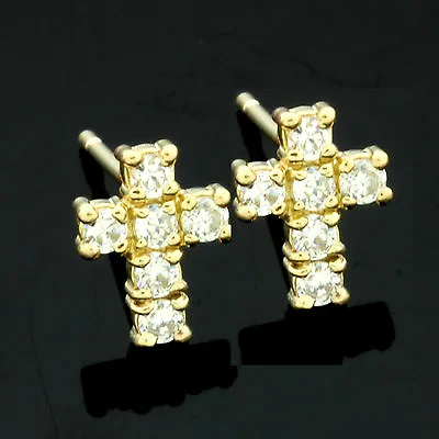 9ct Yellow Gold Cross Cubic  Zirconia Stud Earrings GIFTBOXED • £33.25