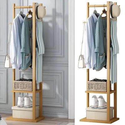 Bamboo Garment Coat Clothes Stand Rack Hat Shoe Wooden Hanger Holder Shelf Tidy • £28.95