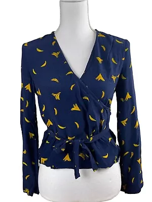 Zara Light Blue  Banana Print 3/4 Tie Bell Sleeve Cropped Top Size S • $10