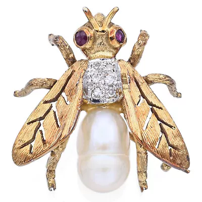 Vintage 14K Yellow Gold Ruby Pearl & Diamond Bee Bug Brooch Pin Pendant • $395