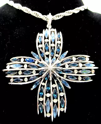 TRIFARI Modernist Blue Rhinestone Cross Vintage Pendant Necklace • $299.99