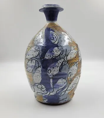 Artist Signed Pottery Vase Fish Design Blue Glaze Hand Drawn Pattern • $38.61