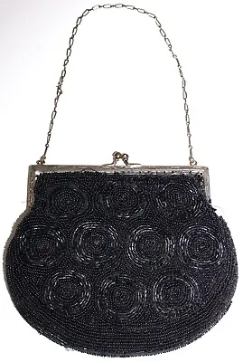 French Beaded Silk Purse Black Flowers Glass Bead Clutch Handbag Mid Century • $20