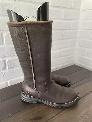 UGG Brooks Women Boots Water Resistant  Brown Leather Shearling Tall Boots Sz 7 • $64.99