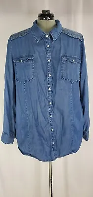 Womens Chambray Pearl Snap Shirt 2X Blue Denim Long Sleeve Blouse Western Girl • $21.83