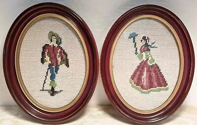 Set 2 Vintage Needlepoint Picture Hand Embroidered Victorian Man Woman Framed  • $29.98