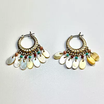 Gold Tone Abalone Mother Of Pearl Shell Dangle Hinged Back Small Hoop Earrings • $9.84