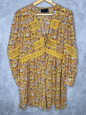 $19.99 • Buy Asos Women's Size 8-10 Yellow Boho Floral Lacy Long Sleeve Dress