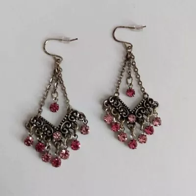 Faux Pink Crystal Rhinestone Chandelier Dangle Earrings • $9