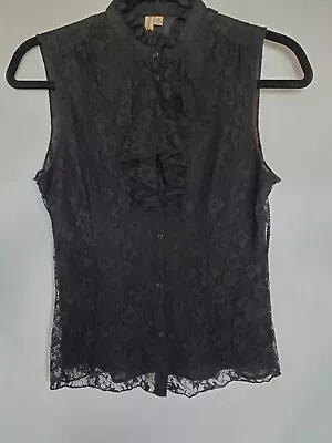 🌸SUSAN LAWRENCE🌸 Black Sleevles Lined Lace Ruffled Vintage Vest Blouse Sz. Sm. • $23