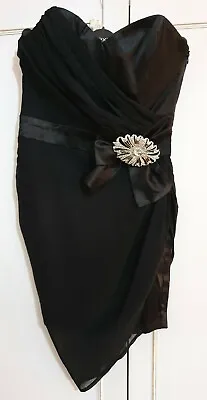 Cotton Club Sz 8 Black Party Dress Strapless Bow And Silver Sparkle Broach Dress • £2.99