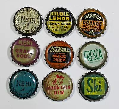 Vintage Lot Of 9 DIFFERENT USED Soda & Beer Cork Lined Bottle Caps.  Lot #7 • $11.99