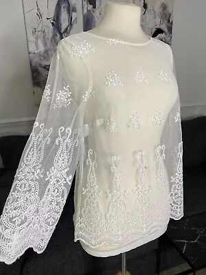 £15 • Buy Monsoon - Size 10 - White Semi Sheer Kaftan Top Embroidered Beach Boho