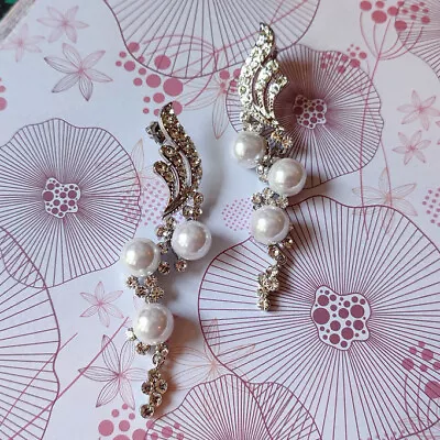 Stunning White Pearl Swirl Chandelier Earrings Silver Tone Austrian Crystal 8cm • £16