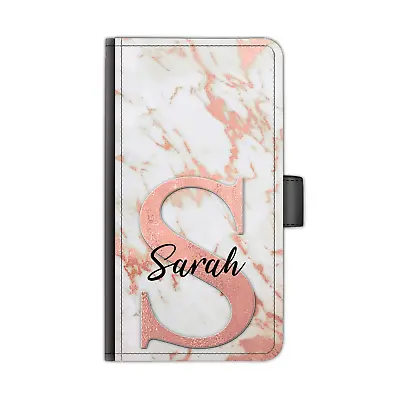 Personalised Initials Name PU Leather Phone Case Peach Pink Marble Flip Cover • £14.99