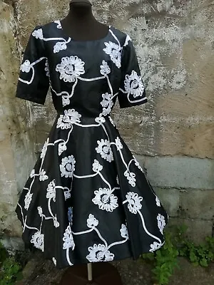 Vtg 90s 50s Style Rockabilly Taffeta Black & White Ribbon Full Circle Dress 12. • £25.50