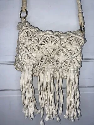 MERONA Crochet Crossbody Bags Ivory Womens Fringe Macrame Handbag Boho Cotton • $20