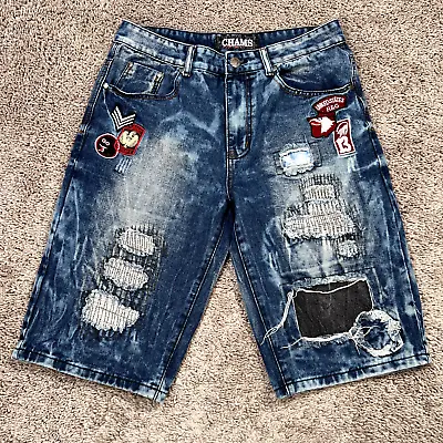 Chams Shorts Mens 32 Blue Denim Jorts Distressed Military Army Patches 90s Y2K • $26.99